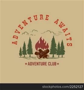 Adventure awaits. Mountains illustration with campfire. Design element for poster, card, banner, t shirt. Vector illustration