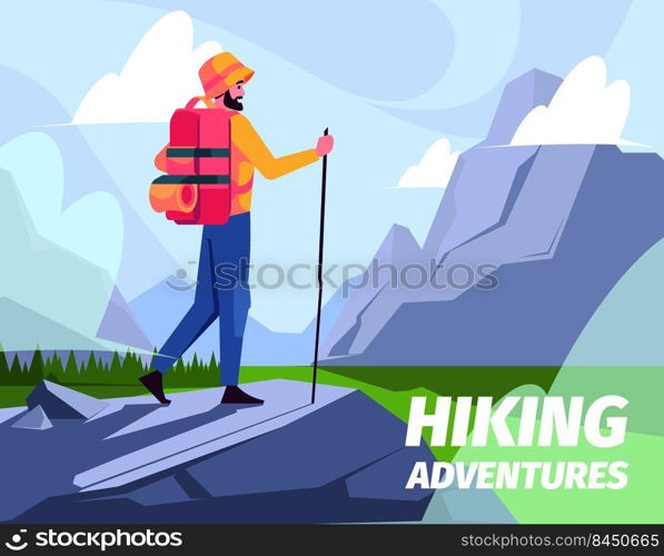 Adventure background. Cute funny travellers walking with backpacks climbing adventure journey hiking persons garish vector cartoon template. Illustration of journey travel adventure. Adventure background. Cute funny travellers walking with backpacks climbing adventure journey hiking persons garish vector cartoon template