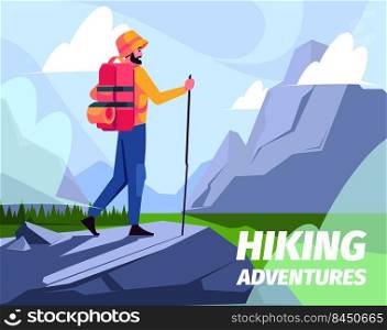 Adventure background. Cute funny travellers walking with backpacks climbing adventure journey hiking persons garish vector cartoon template. Illustration of journey travel adventure. Adventure background. Cute funny travellers walking with backpacks climbing adventure journey hiking persons garish vector cartoon template