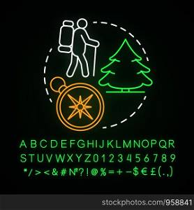 Adventure camp neon light concept icon. Summer hiking and camping club, holiday resort idea. Travelling in woods, forest. Glowing sign with alphabet, numbers and symbols. Vector isolated illustration