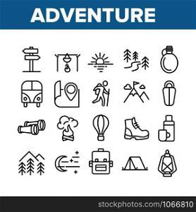 Adventure Collection Elements Icons Set Vector Thin Line. Van And Air Balloon, Backpack And Shoe, Mountain And Wood, Tourist Adventure Concept Linear Pictograms. Monochrome Contour Illustrations. Adventure Collection Elements Icons Set Vector