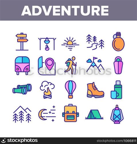 Adventure Collection Elements Icons Set Vector Thin Line. Van And Air Balloon, Backpack And Shoe, Mountain And Wood, Tourist Adventure Concept Linear Pictograms. Color Contour Illustrations. Adventure Collection Elements Icons Set Vector