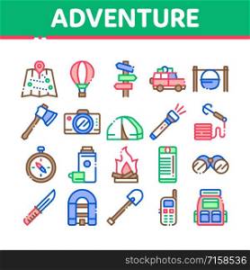 Adventure Collection Elements Icons Set Vector Thin Line. Binocular And Camera, Map And Boat, Ax And Knife, Camping Fire And Car Adventure Concept Linear Pictograms. Color Contour Illustrations. Adventure Collection Elements Icons Set Vector