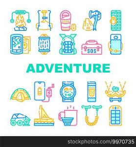 Adventure Equipment Collection Icons Set Vector. Heated Sleeping Bag And Shovel Or Multi Tool Ax, Maps And Rescue Kit For Adventure Concept Linear Pictograms. Contour Color Illustrations. Adventure Equipment Collection Icons Set Vector flat