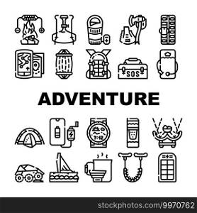 Adventure Equipment Collection Icons Set Vector. Heated Sleeping Bag And Shovel Or Multi Tool Ax, Maps And Rescue Kit For Adventure Black Contour Illustrations. Adventure Equipment Collection Icons Set Vector flat