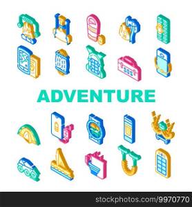 Adventure Equipment Collection Icons Set Vector. Heated Sleeping Bag And Shovel Or Multi Tool Ax, Maps And Rescue Kit For Adventure Isometric Sign Color Illustrations. Adventure Equipment Collection Icons Set Vector flat