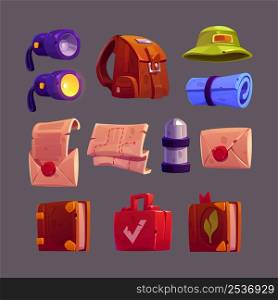 Adventure equipment for travel, explore and treasure hunt. Vector cartoon icons set of hiking tools, backpack, flashlight, hat, mat, thermos, envelope with letter and tourist diary. Adventure equipment for travel, treasure hunt