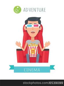 Adventure film concept. Excited man seating in comfortable chair with popcorn in cinema flat vector isolated on white. Cinemaddict on film premiere. Entertainment on 3D attraction. For movie promotion. Adventure Movie Flat Style Vector Concept. Adventure Movie Flat Style Vector Concept