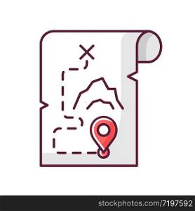 Adventure film RGB color icon. Popular movie genre, filmmaking category. Exciting story with travel and exploration. Treasure map isolated vector illustration