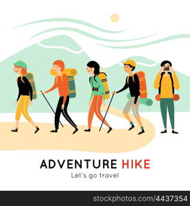 Adventure Hike Of Happy Friends . Adventure hike of happy friends with backpacks mats cameras walking sticks and mountain landscape vector illustration