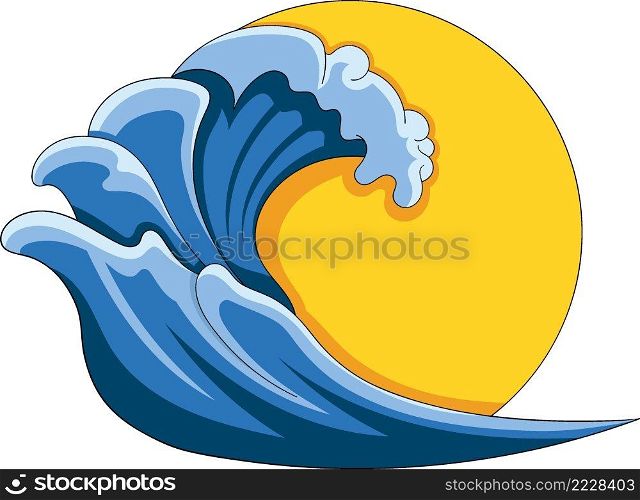 adventure logo, exciting images of waves and sun and nature, flat illustration