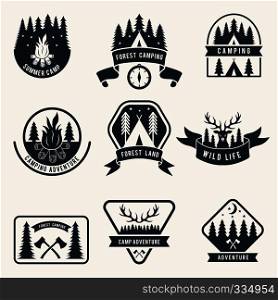 Adventure monochrome badges set. Silhouette of tent. Camping vector labels. Adventure travel logo, illustration of camping recreation logotype. Adventure monochrome badges set. Silhouette of tent. Camping vector labels