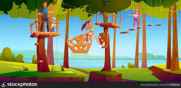 Adventure park rope ladder. Kids, man and woman climbing on wooden rungs and timbers hanging on tree trunks. Vector cartoon summer landscape of forest on lake coast with sport rope walk extreme park. Kids in adventure park rope ladder