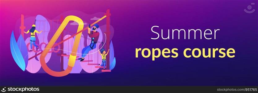 Adventure park, tourists extreme activity for adults and children. Summer ropes course, nature outdoor challenging, best ropes courses here concept. Header or footer banner template with copy space.. Summer ropes course concept banner header.
