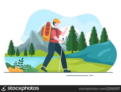 Adventure Tour on the Theme of Climbing, Trekking, Hiking, Walking or Vacation with Forest and Mountain Views in Flat Nature Background Poster Illustration