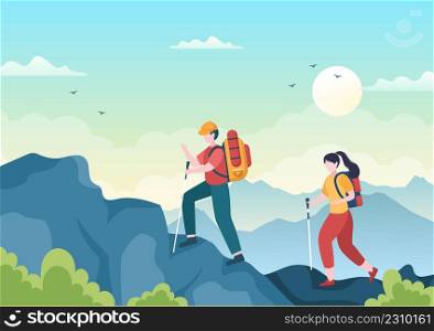 Adventure Tour on the Theme of Climbing, Trekking, Hiking, Walking or Vacation with Forest and Mountain Views in Flat Nature Background Poster Illustration
