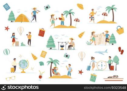 Adventure tourism bundle of flat scenes. C&ing in forest, summertime beach vacation isolated set. People sunbathe, drink cocktail, picks mushrooms. Traveling tourists cartoon vector illustration.
