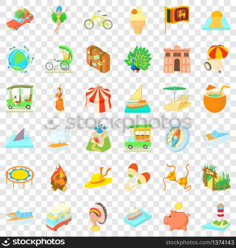 Adventure travel icons set. Cartoon style of 36 adventure travel vector icons for web for any design. Adventure travel icons set, cartoon style