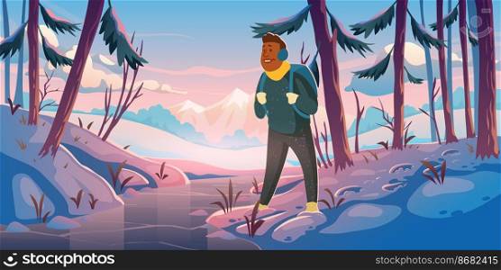 Adventure, travel journey cartoon landing page, traveler at winter forest with mountains view. Tourist with backpack at wood rocky snowy landscape looking at frozen creek, hiking Vector web banner. Adventure, travel journey cartoon landing page