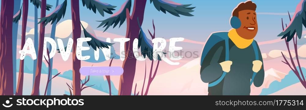 Adventure, travel journey cartoon web banner, traveler at winter forest with mountains view. Tourist with backpack at wood rocky snowy landscape, hiking Vector header. Adventure, travel journey cartoon web banner