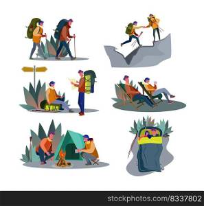 Adventure trekking set. Couple of c&ers hiking, sitting at tent and c&fire, carrying backpack. Flat vector illustrations. C&ing, travel concept for banner, website design or landing web page