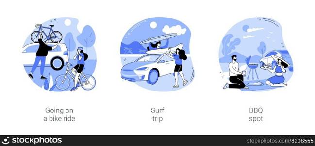 Adventure trip isolated cartoon vector illustrations set. Couple preparing for a bike ride, summer vacation, happy girls going surf trip by van, people stop at BBQ spot in nature vector cartoon.. Adventure trip isolated cartoon vector illustrations se