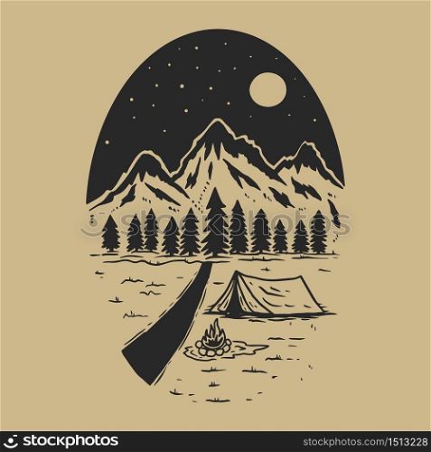 Adventure wild life. Vintage design with mountains, camping tent, forest silhouettes. For poster, banner, emblem, sign, logo. Vector illustration