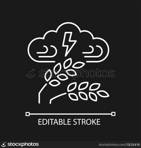 Adverse weather linear icon for dark theme. Severe climate conditions lead to crop damage, hunger. Thin line customizable illustration. Isolated vector contour symbol for night mode. Editable stroke. Adverse weather linear icon for dark theme