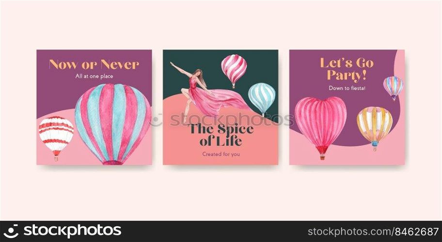 Advertise template with balloon fiesta concept design for marketing and business watercolor vector illustration
