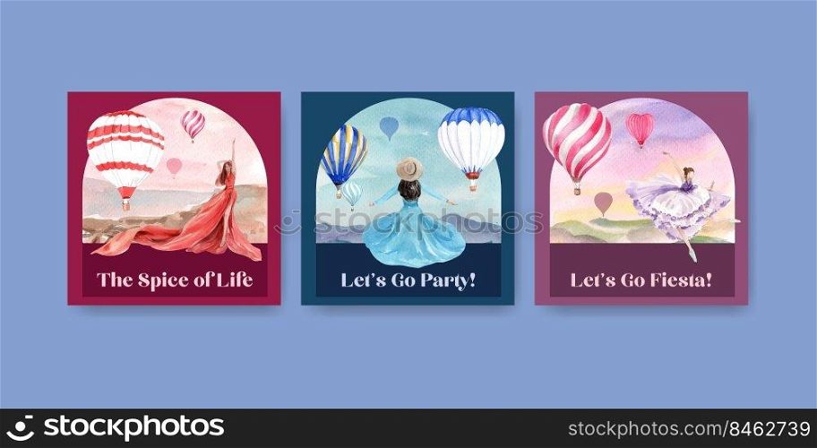 Advertise template with balloon fiesta concept design for marketing and business watercolor vector illustration 