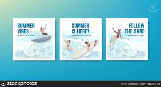 Advertise template with beach vacation concept design for marketing watercolor illustration