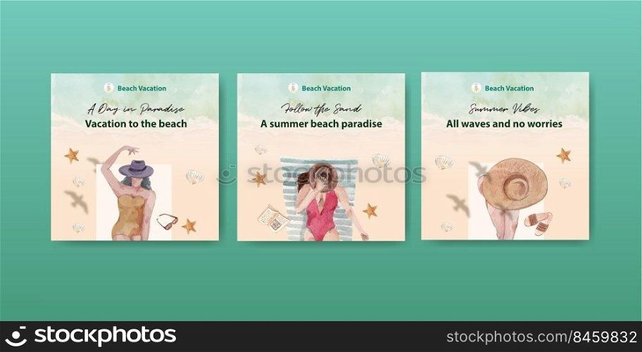 Advertise template with beach vacation concept design for marketing watercolor illustration 