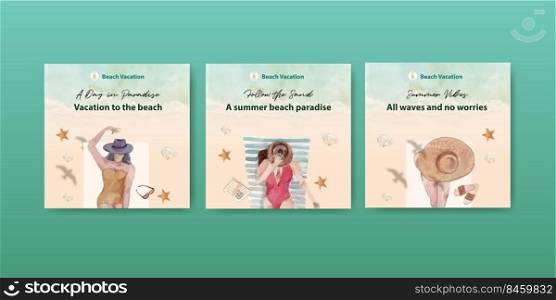 Advertise template with beach vacation concept design for marketing watercolor illustration 