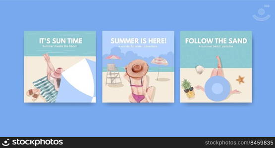 Advertise template with beach vacation concept design for marketing watercolor illustration 