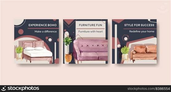 Advertise template with boho furniture concept design for marketing watercolor vector illustration 