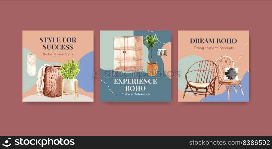 Advertise template with boho furniture concept design for marketing watercolor vector illustration
