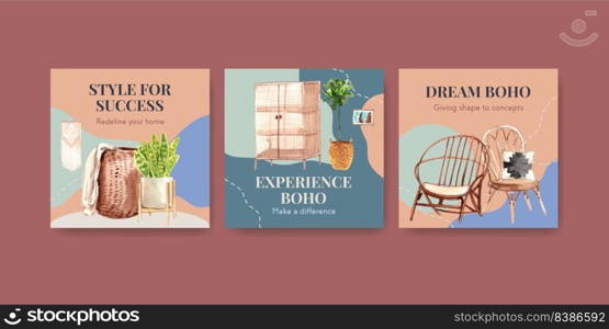 Advertise template with boho furniture concept design for marketing watercolor vector illustration
