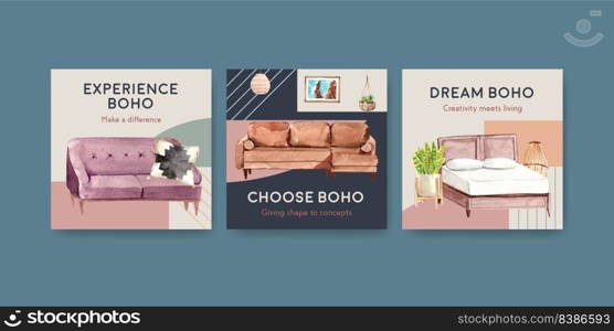 Advertise template with boho furniture concept design for marketing watercolor vector illustration 