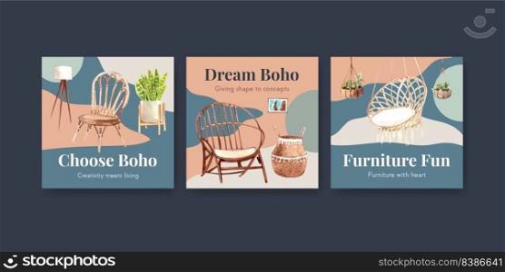 Advertise template with boho furniture concept design for marketing watercolor vector illustration 