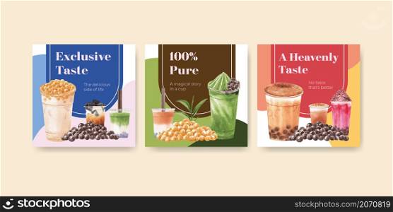 Advertise template with bubble milk tea concept design for commercial and marketing watercolor vector illustration