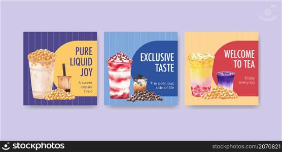 Advertise template with bubble milk tea concept design for commercial and marketing watercolor vector illustration