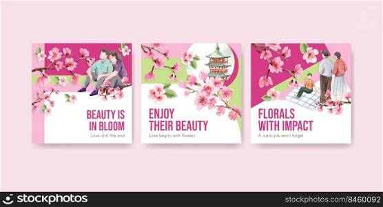 Advertise template with cherry blossom concept design for business and marketing watercolor vector illustration
