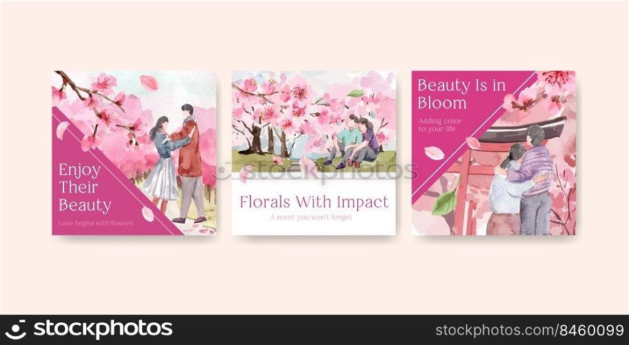 Advertise template with cherry blossom concept design for business and marketing watercolor vector illustration 
