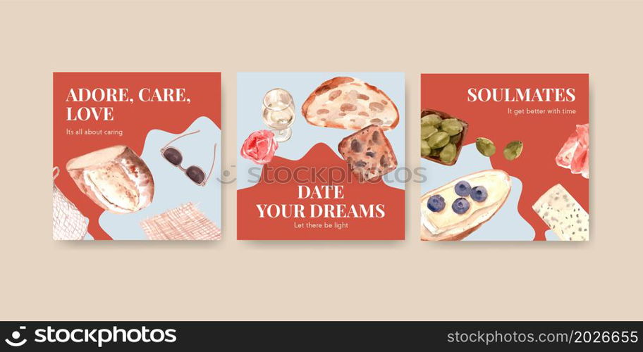 Advertise template with European picnic concept design for marketing watercolor vector illustration.