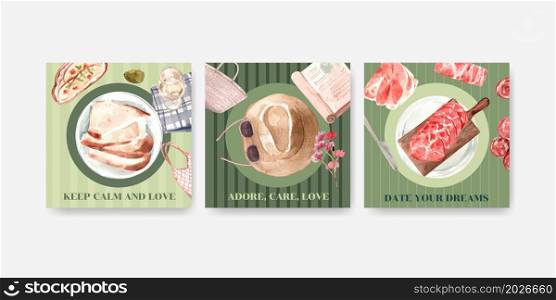 Advertise template with European picnic concept design for marketing watercolor vector illustration.