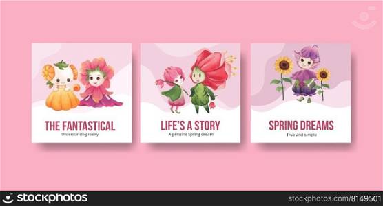 Advertise template with floral character concept design watercolor illustration 
