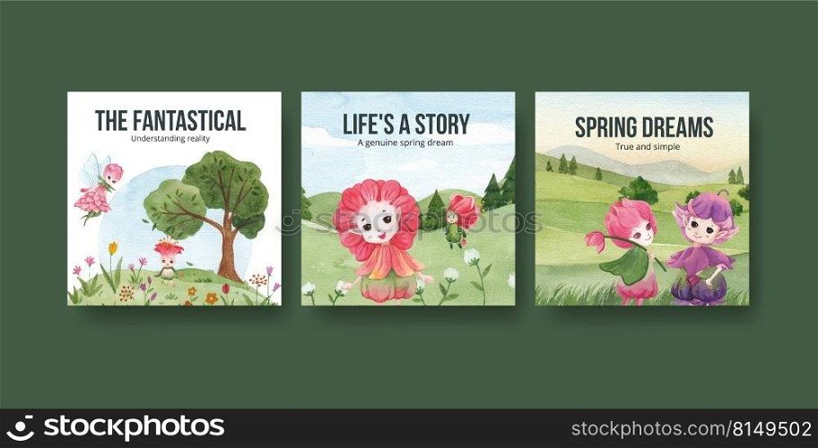 Advertise template with floral character concept design watercolor illustration 