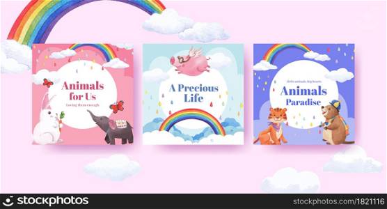 Advertise template with happy animals concept design watercolor illustration