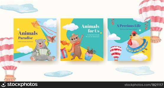 Advertise template with happy animals concept design watercolor illustration