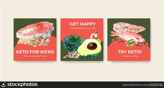 Advertise template with ketogenic diet concept for marketing and ads watercolor vector illustration.